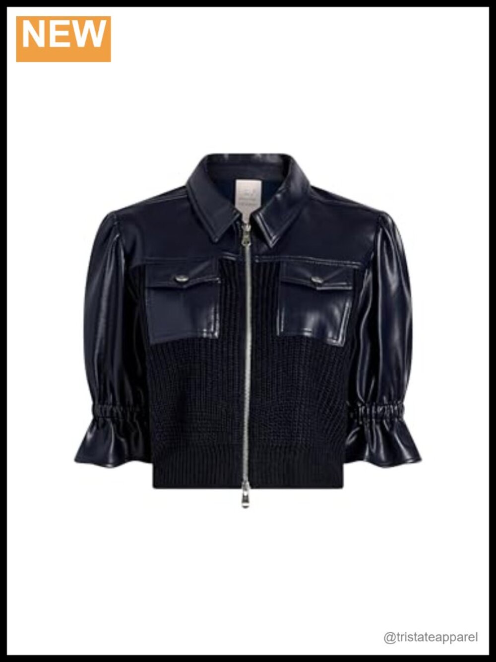 Cropped Knit Jacket with Vegan Leather Trim, Zip Front, Short Sleeves